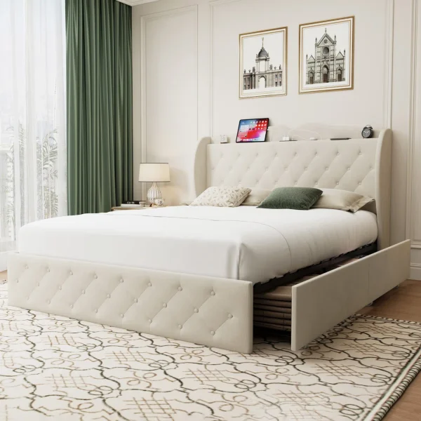 48.4'' Upholstered Bed with 4 Drawers, Bed with Storage Headboard and Charging Station - Image 2
