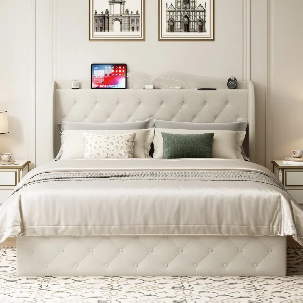 48.4'' Upholstered Bed with 4 Drawers, Bed with Storage Headboard and Charging Station - Image 3
