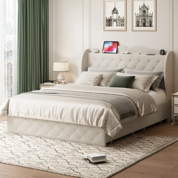 48.4'' Upholstered Bed with 4 Drawers, Bed with Storage Headboard and Charging Station