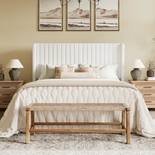 Candler Velvet Upholstered Platform Bed with Wingback Headboard and Wooden Slats - Image 2