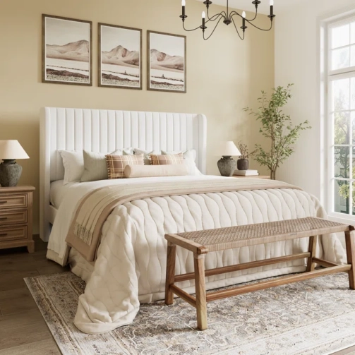 Candler+Velvet+Upholstered+Platform+Bed+with+Wingback+Headboard+and+Wooden+Slats