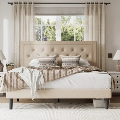 Hegg+Linen+Tufted+Upholstered+Platform+Bed+with+Wood+Slats+Headboard+Included